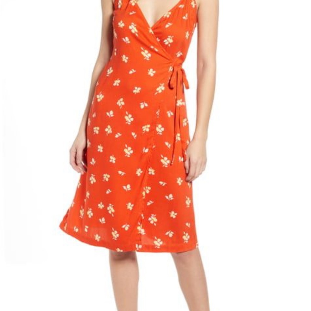 Anthropologie Leith orange floral wrap dress